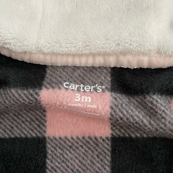 VGUC Carter's pink and black plaid zip-up fleece jumpsuit with heart design - Picture 4 of 4